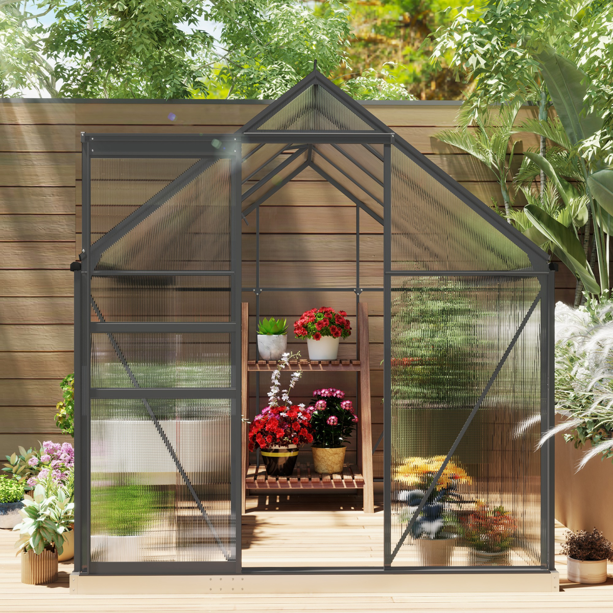 Outsunny Dark Grey Walk-In Polycarbonate Garden Greenhouse, Sliding Door