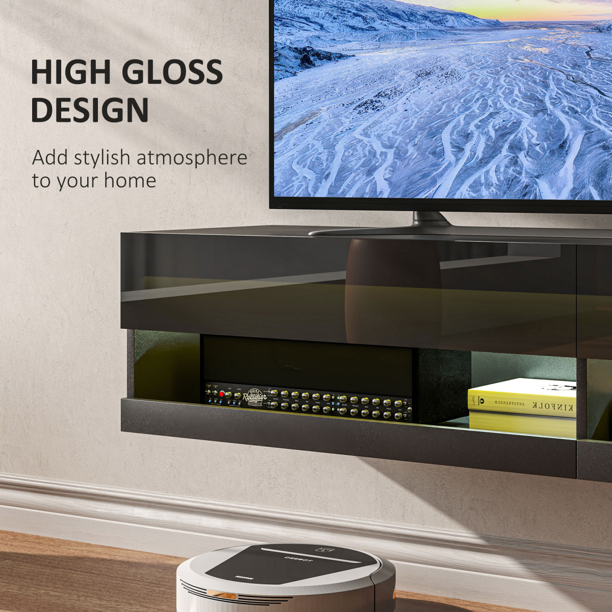 HOMCOM Wall-Mounted Media Console with LED Lights, Storage Shelves, 65" TV Support, High Gloss Black