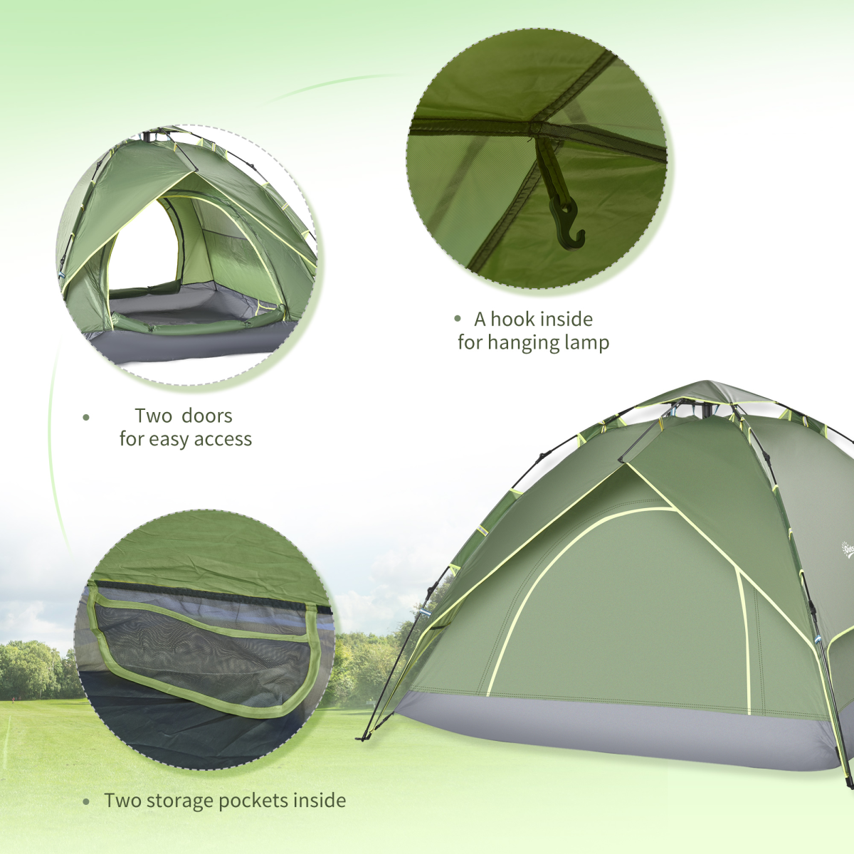 3 Person Pop Up Camping Tent, Water Resistant Dome Shelter with Mesh Windows and Ground Stakes for Festivals, Hiking and Travel