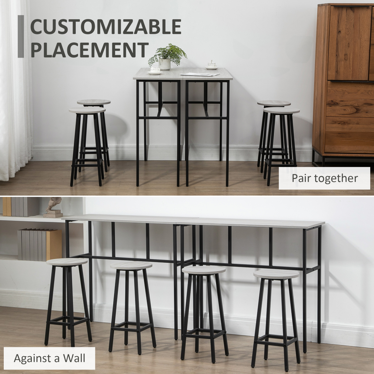 HOMCOM 6-Piece Bar Table Set with 2 Breakfast Tables and 4 Stools, Grey