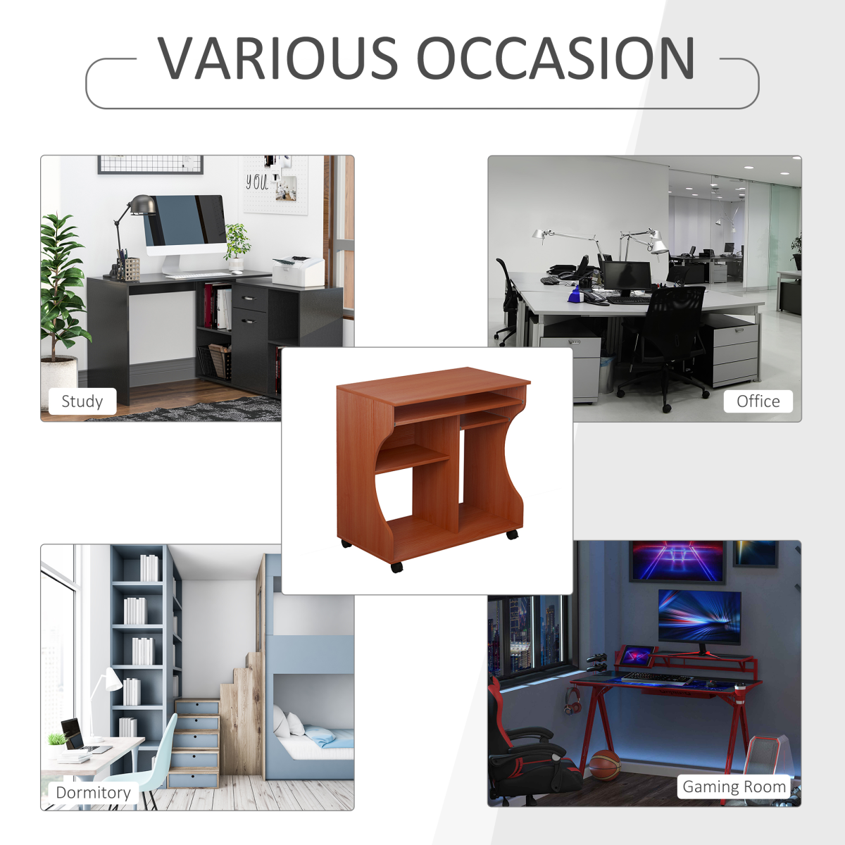 HOMCOM Computer Desk with Keyboard Tray, Storage Shelf, Wheels, Cherry Wood