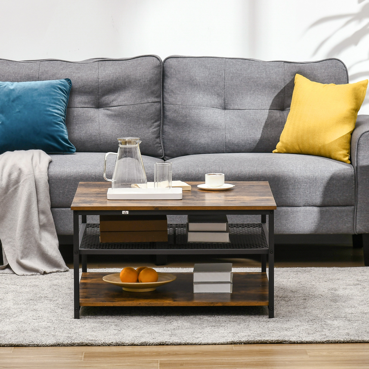 Industrial Coffee Table with 3-Tier Storage Shelves, Rustic Brown, Black Steel Frame, 80 x 80 x 45 cm