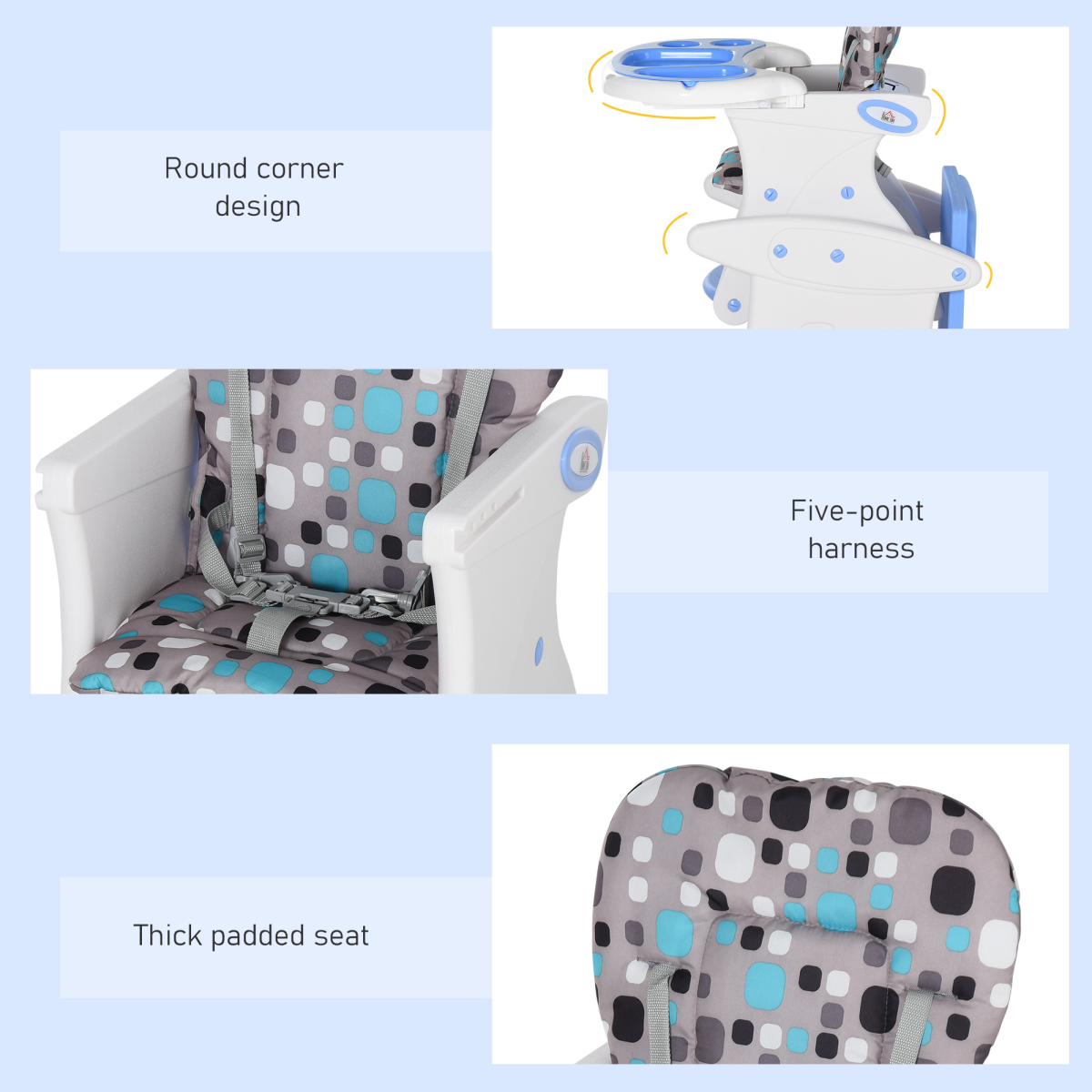 HOMCOM 3-in-1 Convertible Baby High Chair, Rocker & Booster Seat Blue