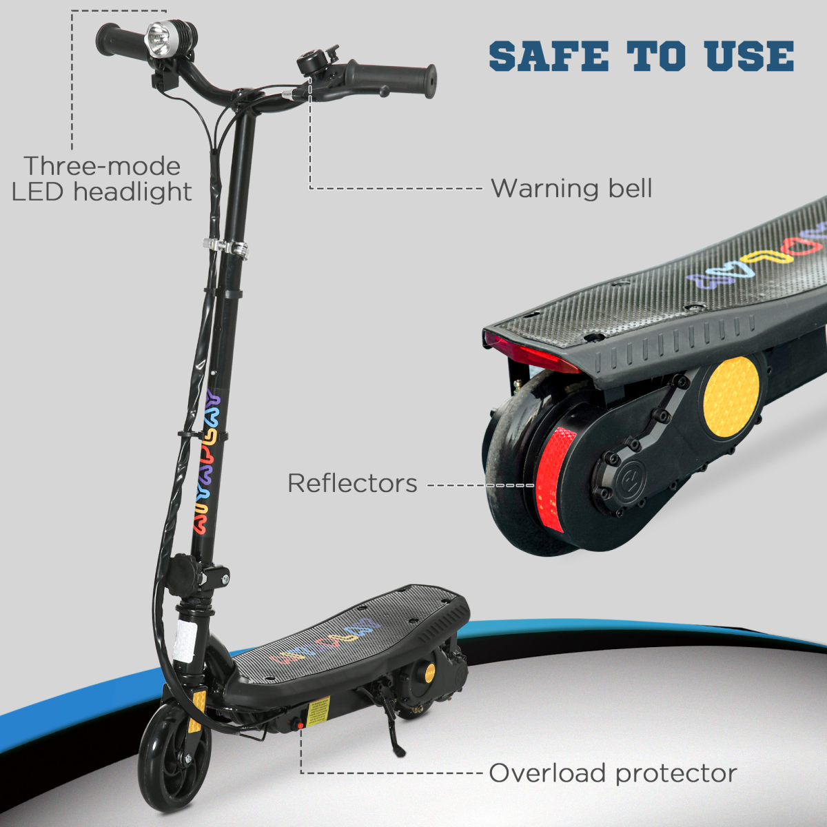 Foldable Electric Scooter with LED Headlight for Ages 7-14 - Black