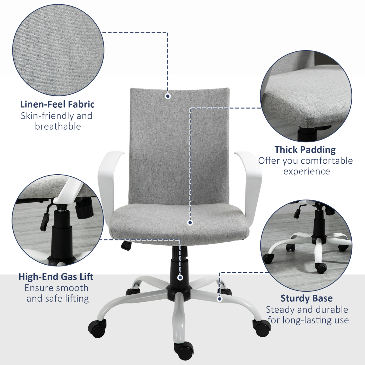 Vinsetto Linen Swivel Office Chair, Adjustable Height Computer Desk Chair with Armrests, Light Grey