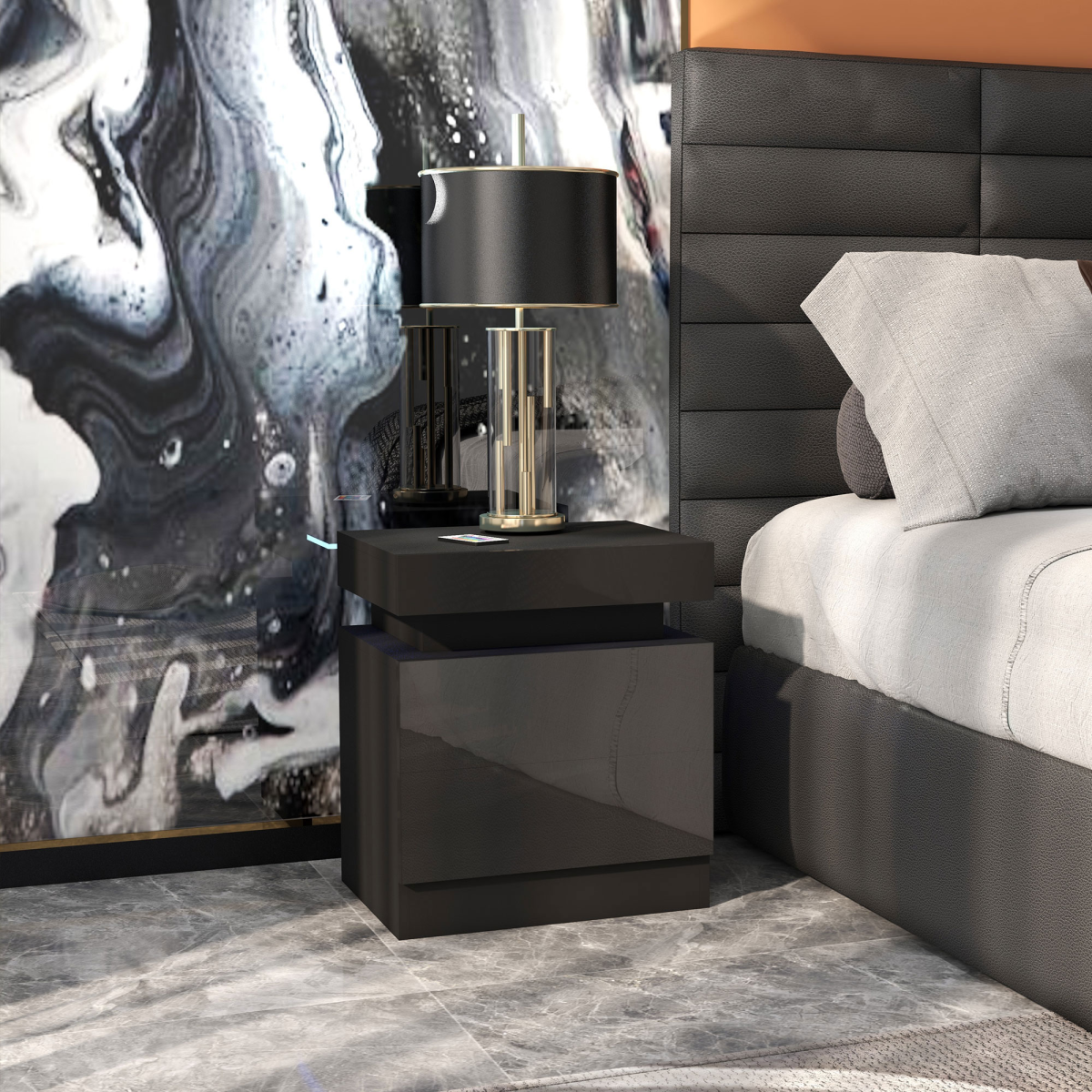 HOMCOM High Gloss LED Bedside Table with 2 Drawers, Black