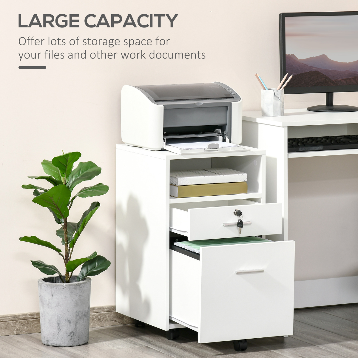 Mobile Lockable File Cabinet with Drawer, Open Shelf, 5 Wheels, White, Vinsetto