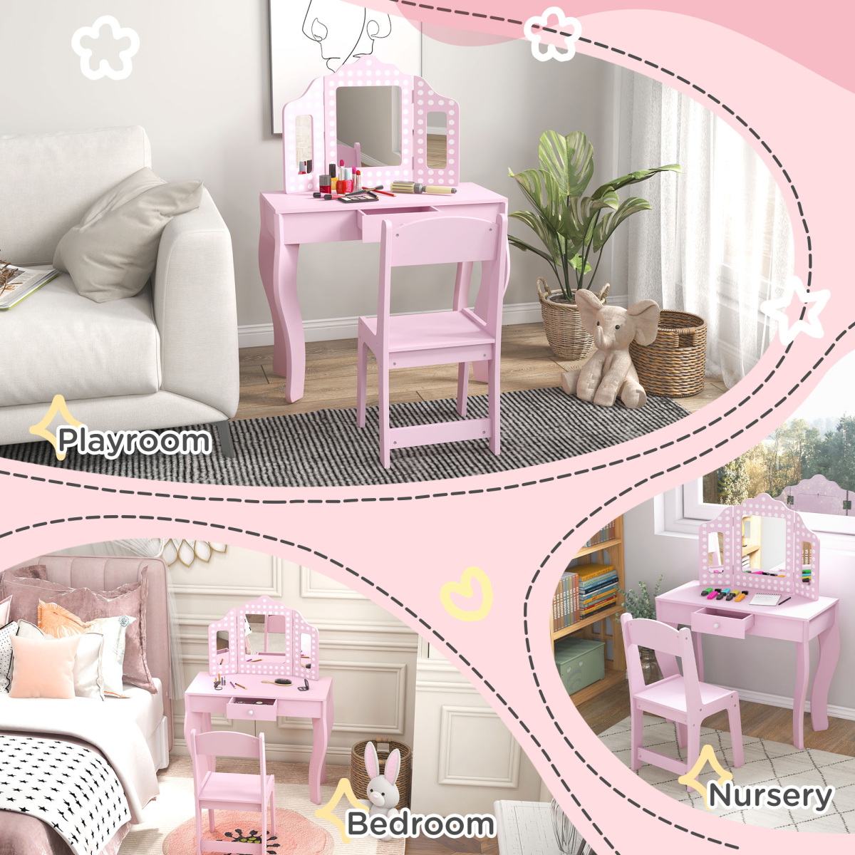 AIYAPLAY Kids Dressing Table Set, Pink, with Stool, Mirror & Drawer