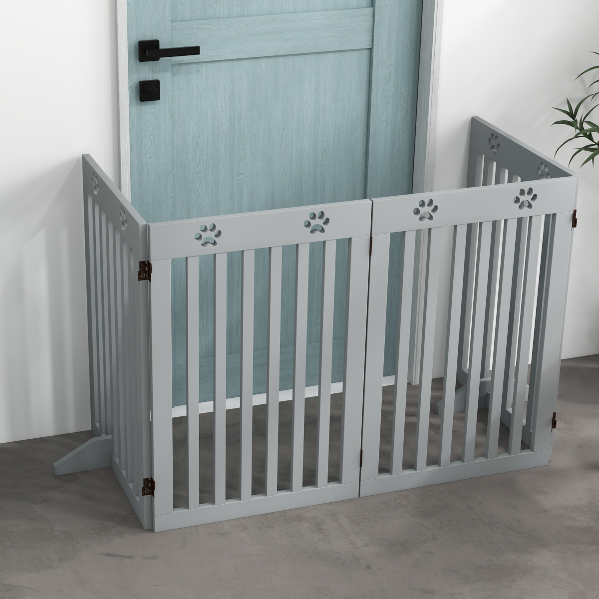 PawHut Foldable Freestanding Dog Gate with Support Feet, Grey
