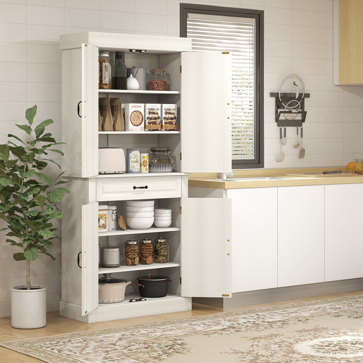 HOMCOM 180cm White Kitchen Pantry Storage Cabinet with Drawer and Double Doors