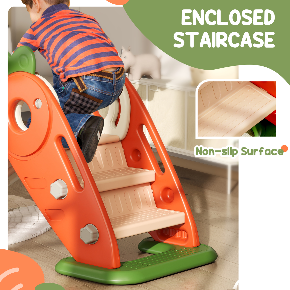 AIYAPLAY 3-in-1 Carrot Kids Indoor Slide with Basketball Hoop, Foldable