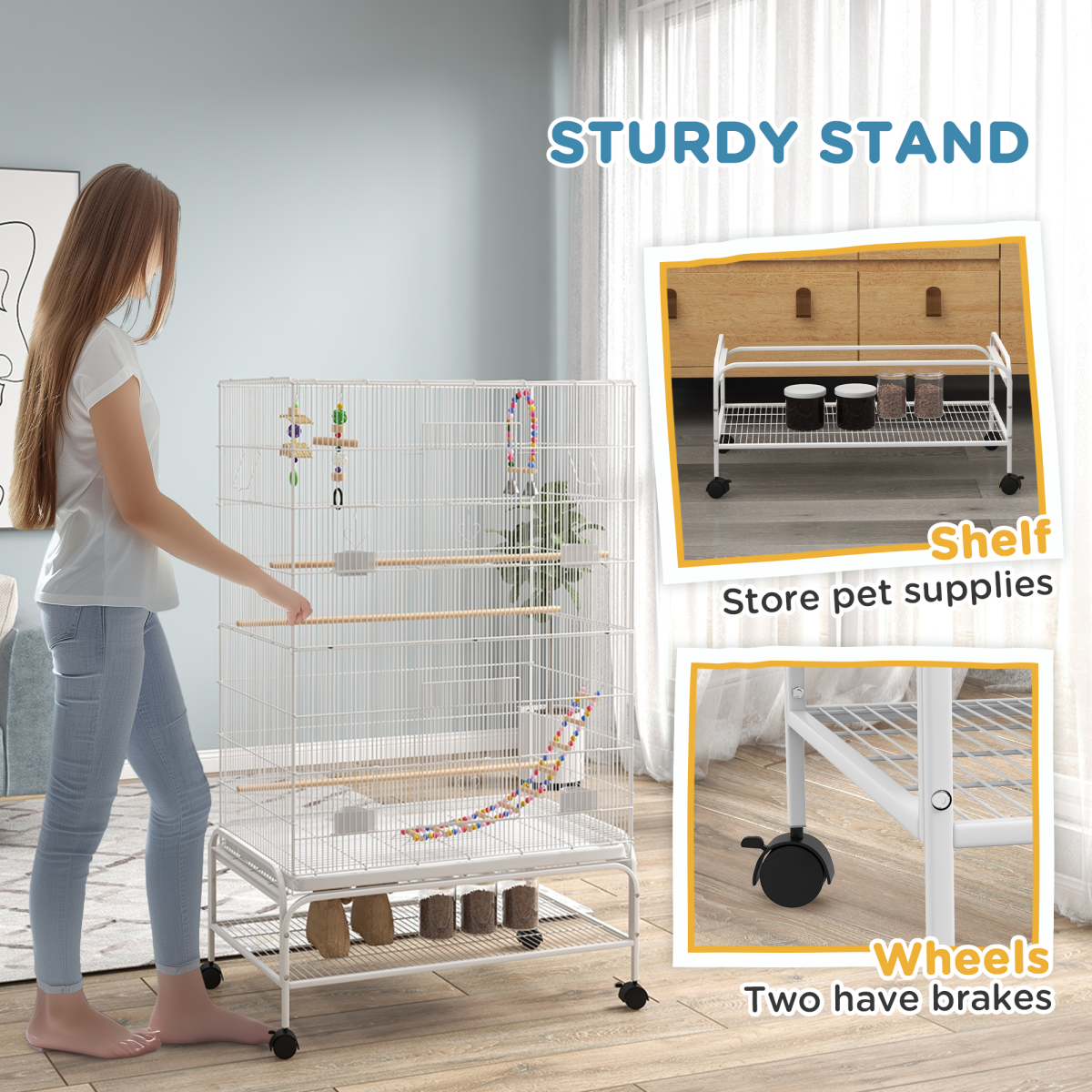 PawHut Bird Cage with Stand, Wheels & Toys for Budgies and Finches, White