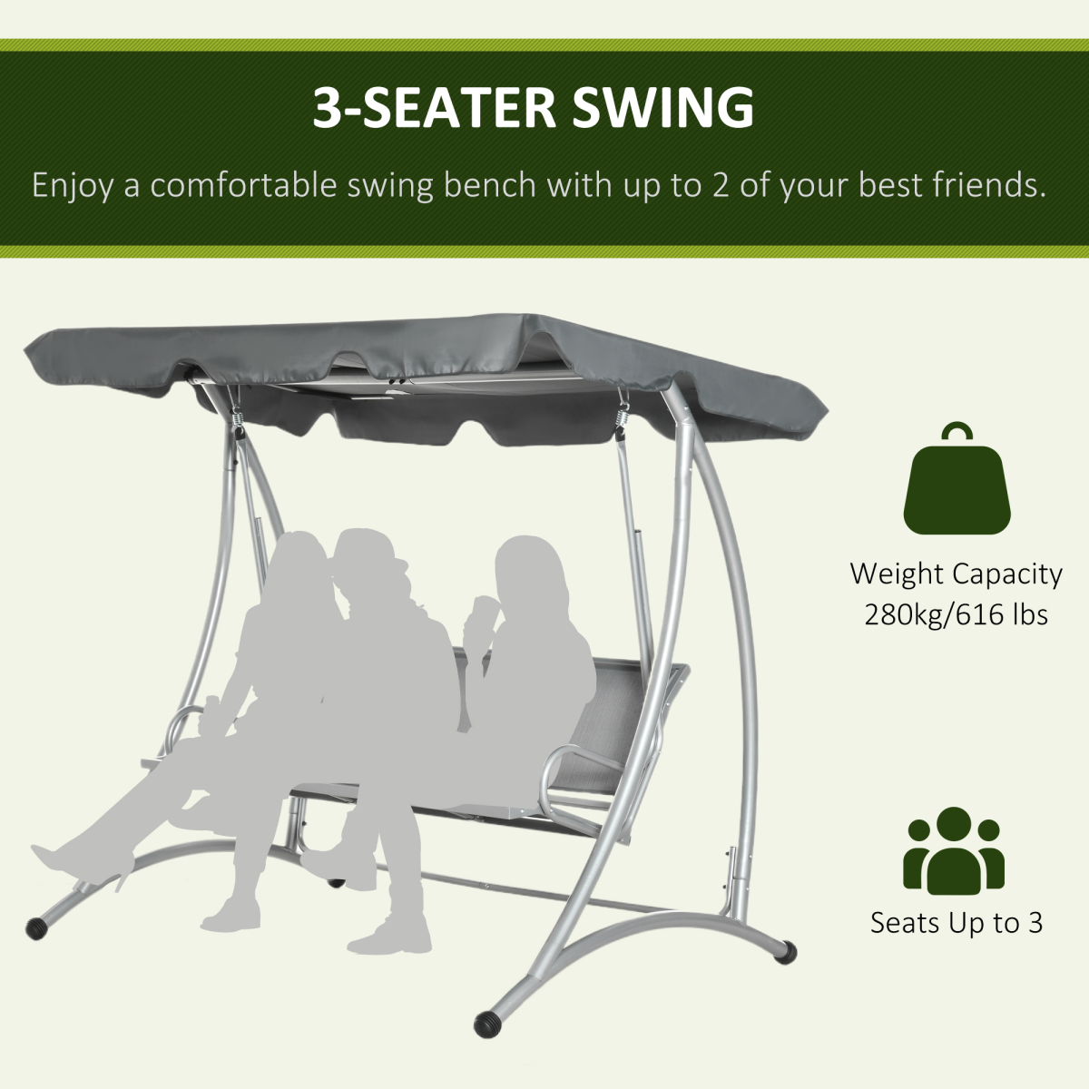 Outsunny 3-Person Steel Outdoor Swing Chair with Adjustable Canopy