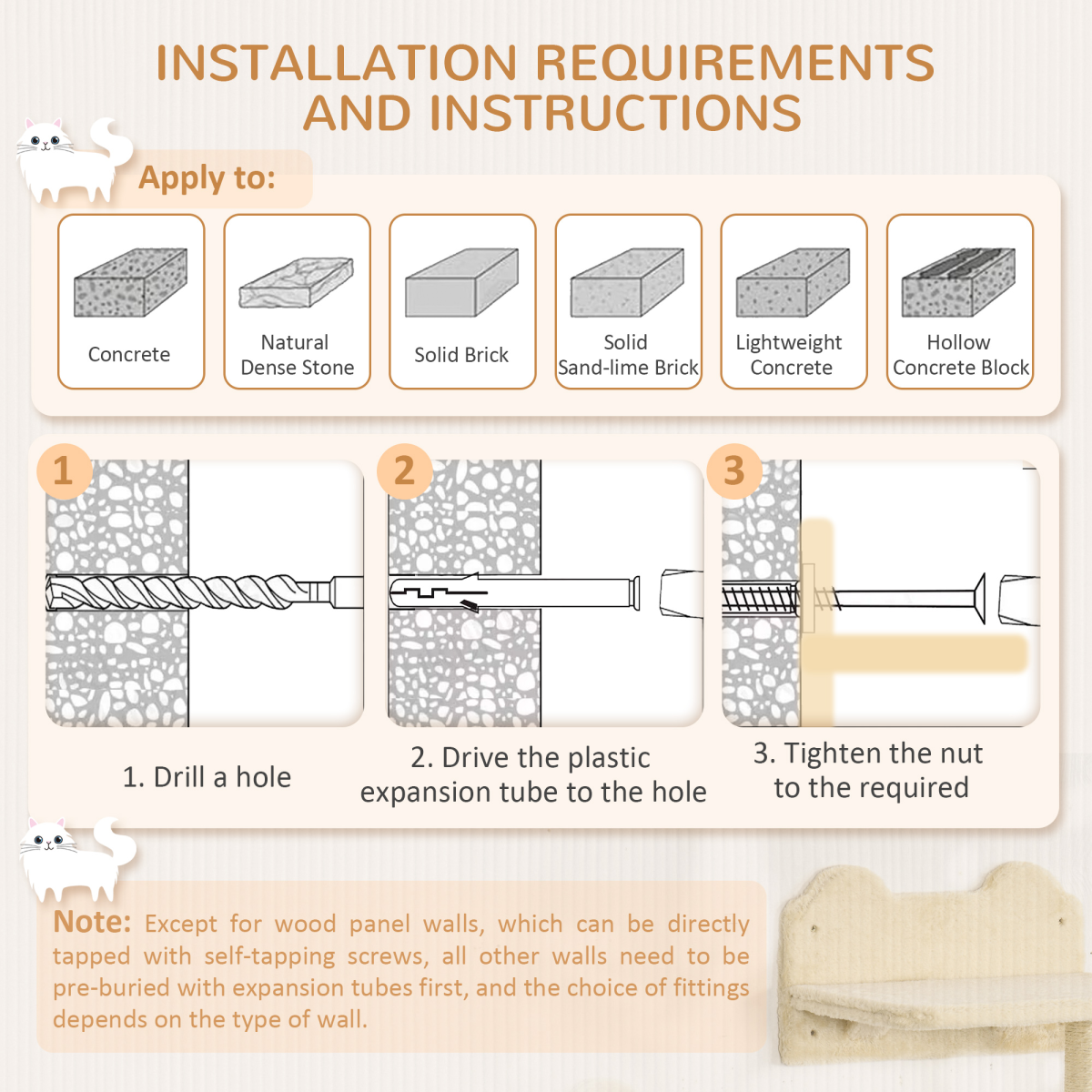 Wall-Mounted Cat Shelves with Hammock, Nest and Scratching Posts - Beige