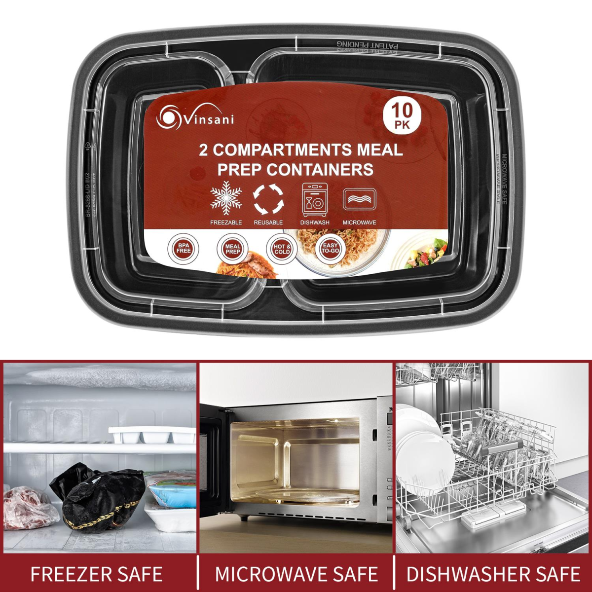 Vinsani 10 Pack 2 Compartment Meal Prep Containers, Airtight Leak-Resistant Lids, 30 oz, BPA-Free Plastic, Microwave, Freezer and Dishwasher Safe
