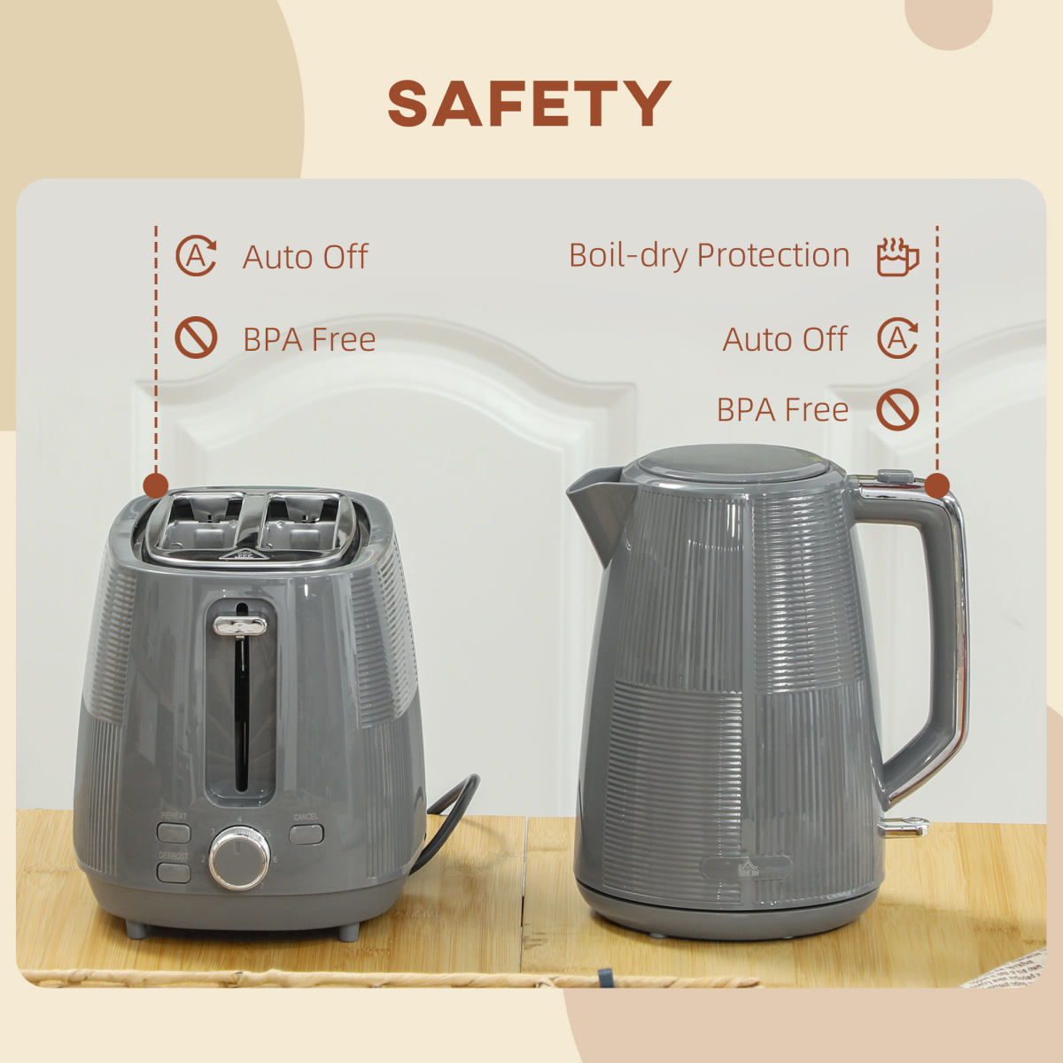 HOMCOM 1.7L Fast Boil Electric Kettle & 2-Slice Toaster Set, Grey