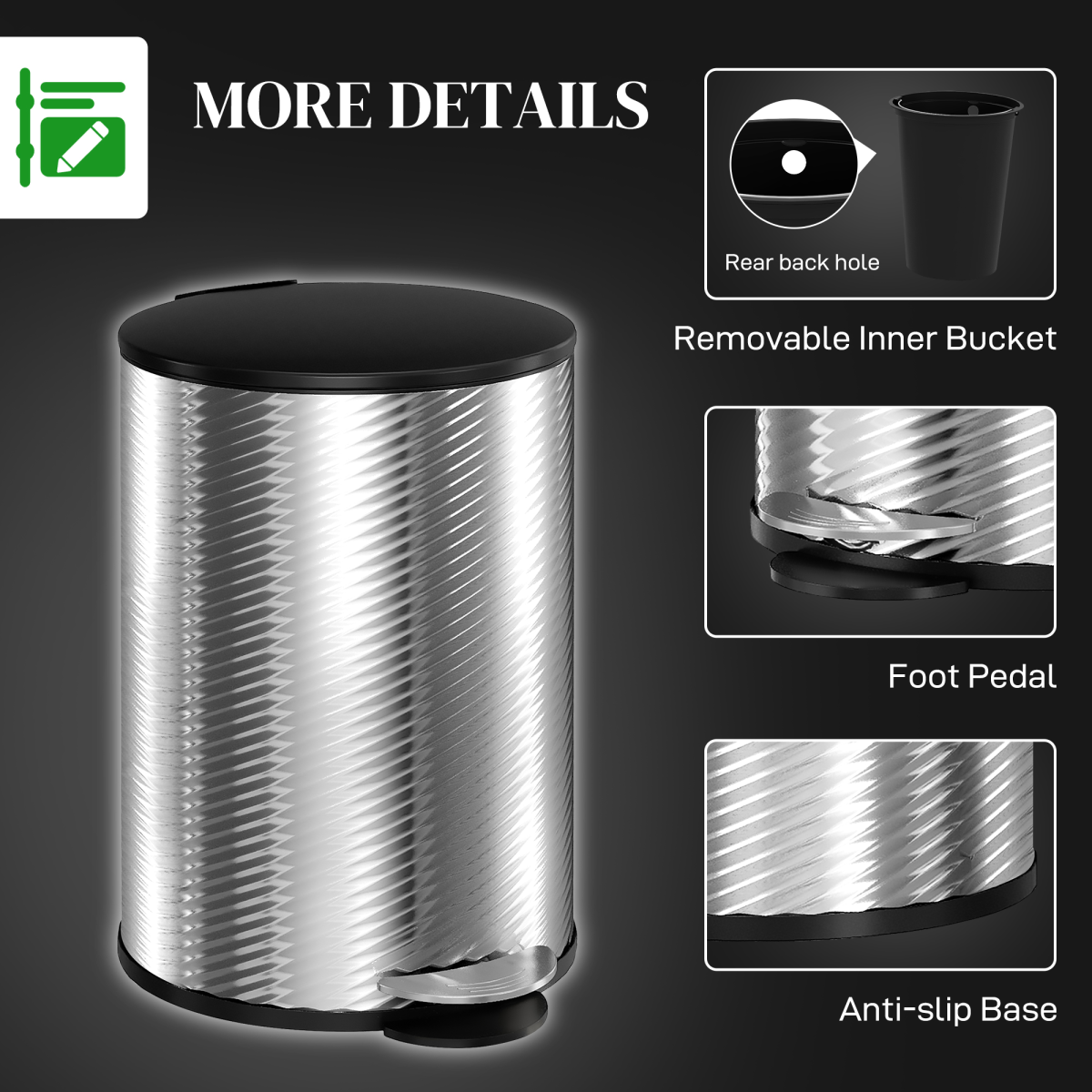 HOMCOM 20L Stainless Steel Kitchen Pedal Bin with Soft-Close Lid, Silver