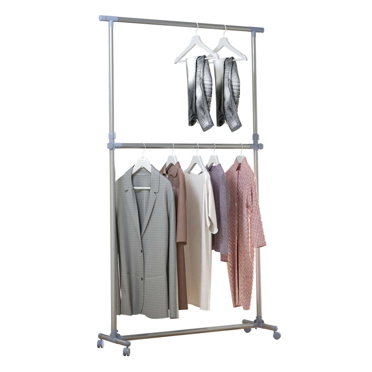 HOMCOM Adjustable Clothes Hanger with Wheels, Heavy Duty, Silver/Grey