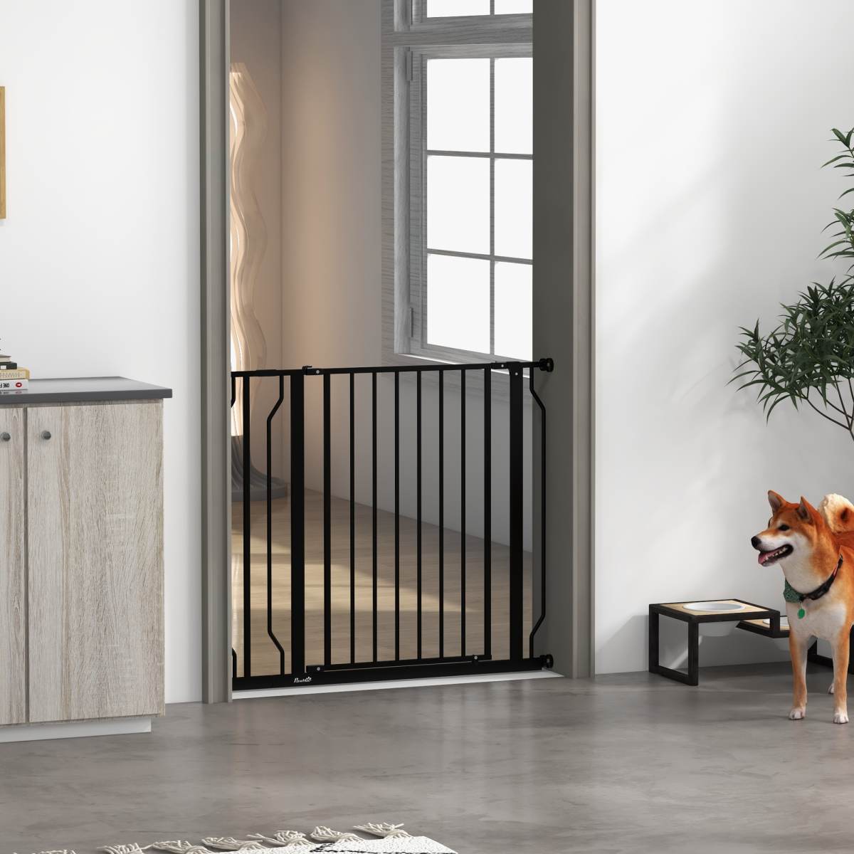 PawHut Adjustable Dog Gate with Door, Pressure Fit, 75-95 cm, Black