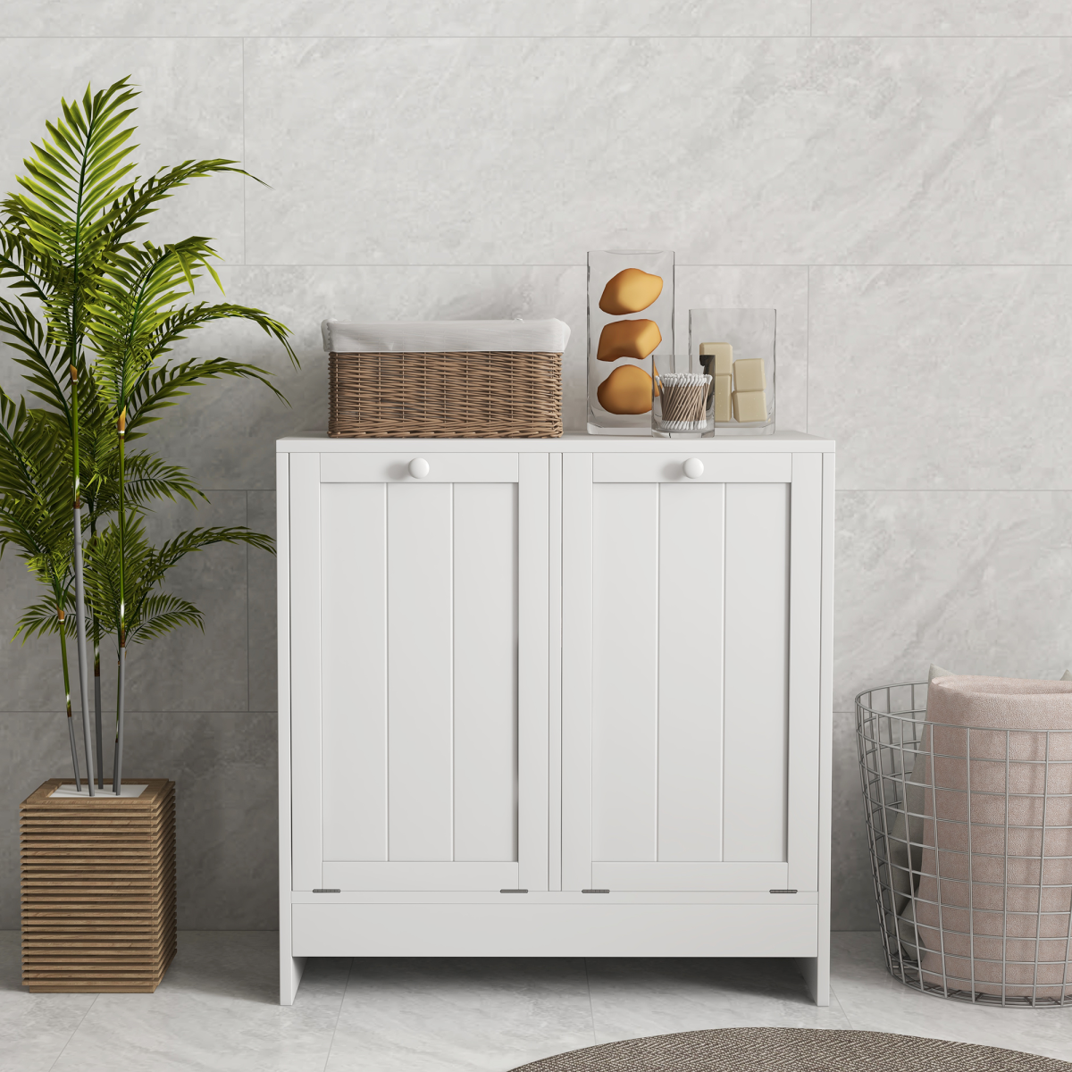 kleankin White Tilt-Out Laundry Cabinet with 2 Hamper Compartments
