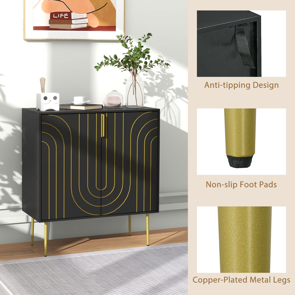 HOMCOM Art Deco Freestanding Black Storage Cabinet with Adjustable Shelf