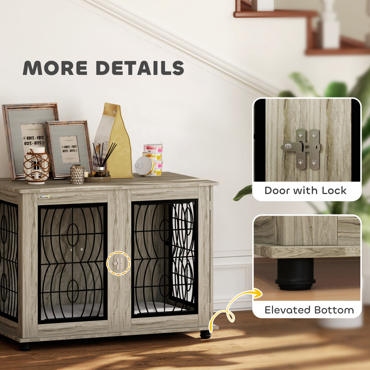 PawHut Dog Crate End Table for Large Dogs, Grey Wood-Effect Cushion