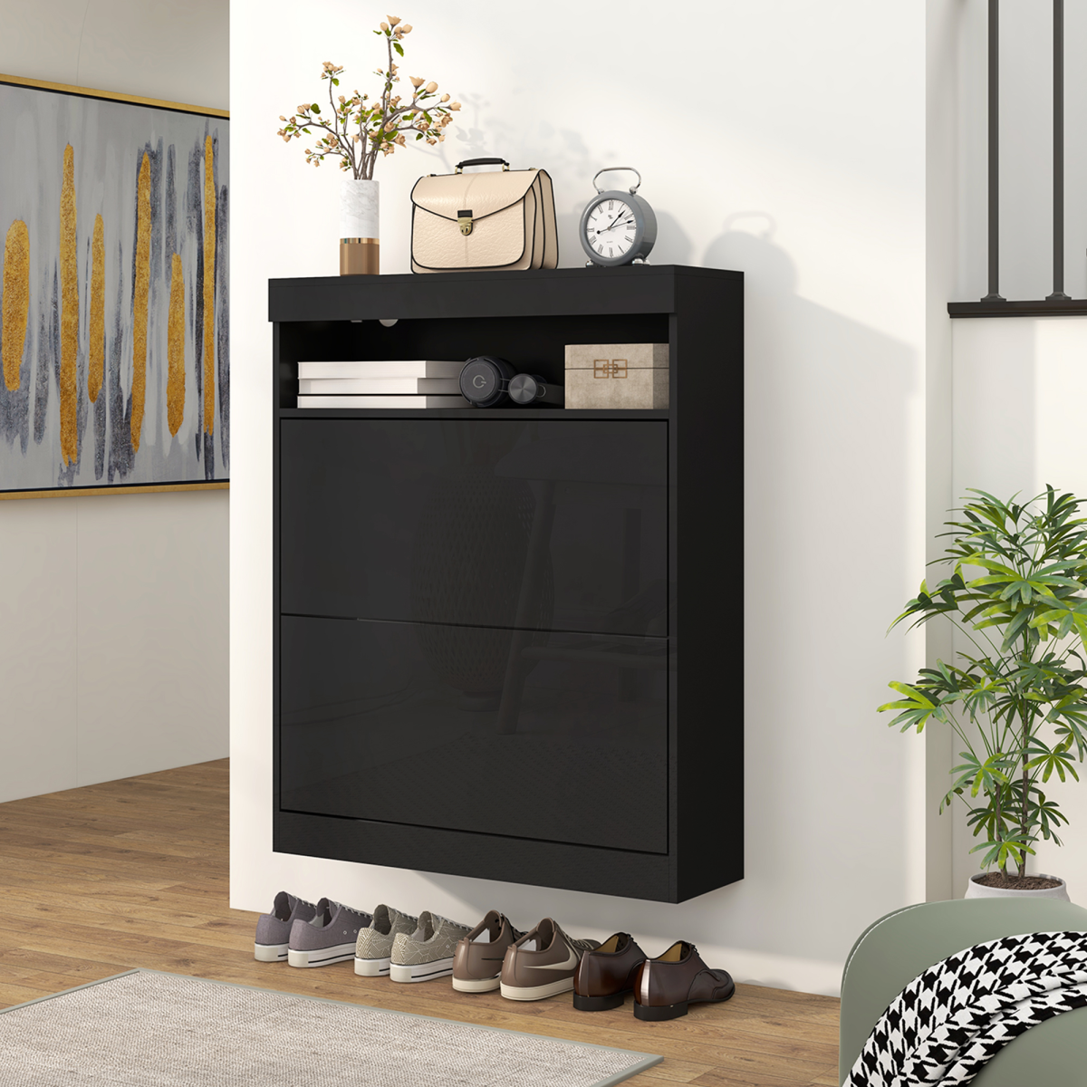 HOMCOM Black Shoe Cabinet with 2 Flip Drawers, Wall Mounted/Freestanding