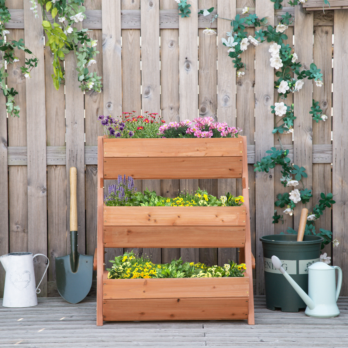 Outsunny 3-Tier Raised Wooden Garden Bed Planter Box, Brown Fir Wood