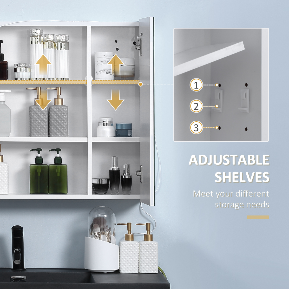 kleankin LED Illuminated Bathroom Mirror Cabinet with Touch Sensor, USB Powered, Double Mirrored Doors, Adjustable Shelf, Wall Mounted Storage Cabinet, 70 x 15 x 65 cm