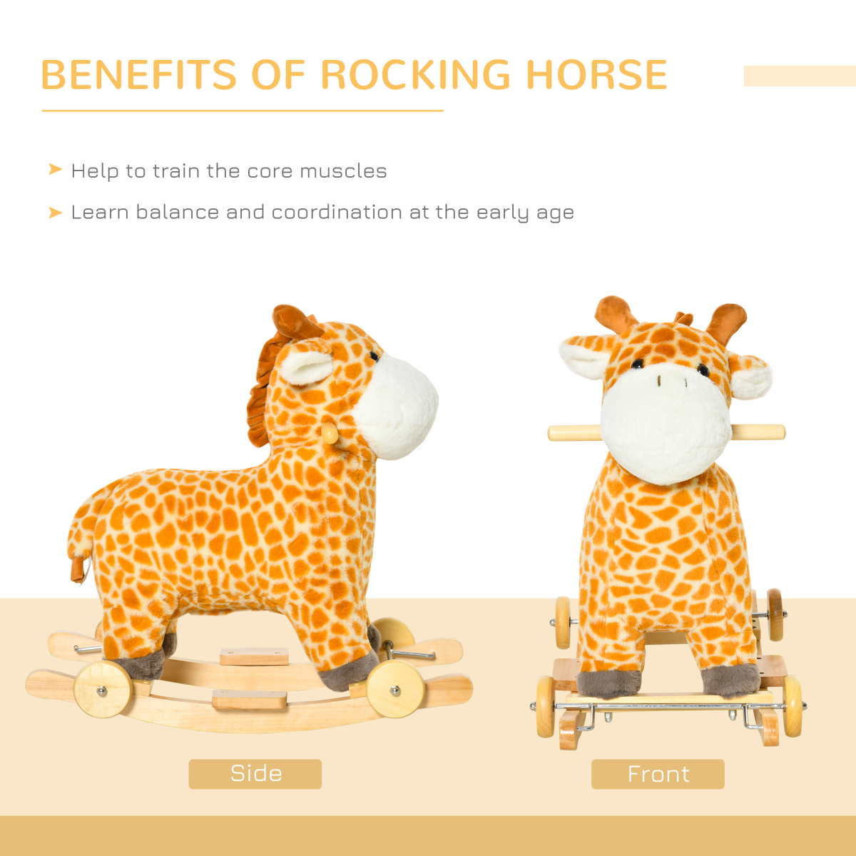 2-in-1 Kids Plush Giraffe Rocking Ride-On with Sound and Wheels Yellow