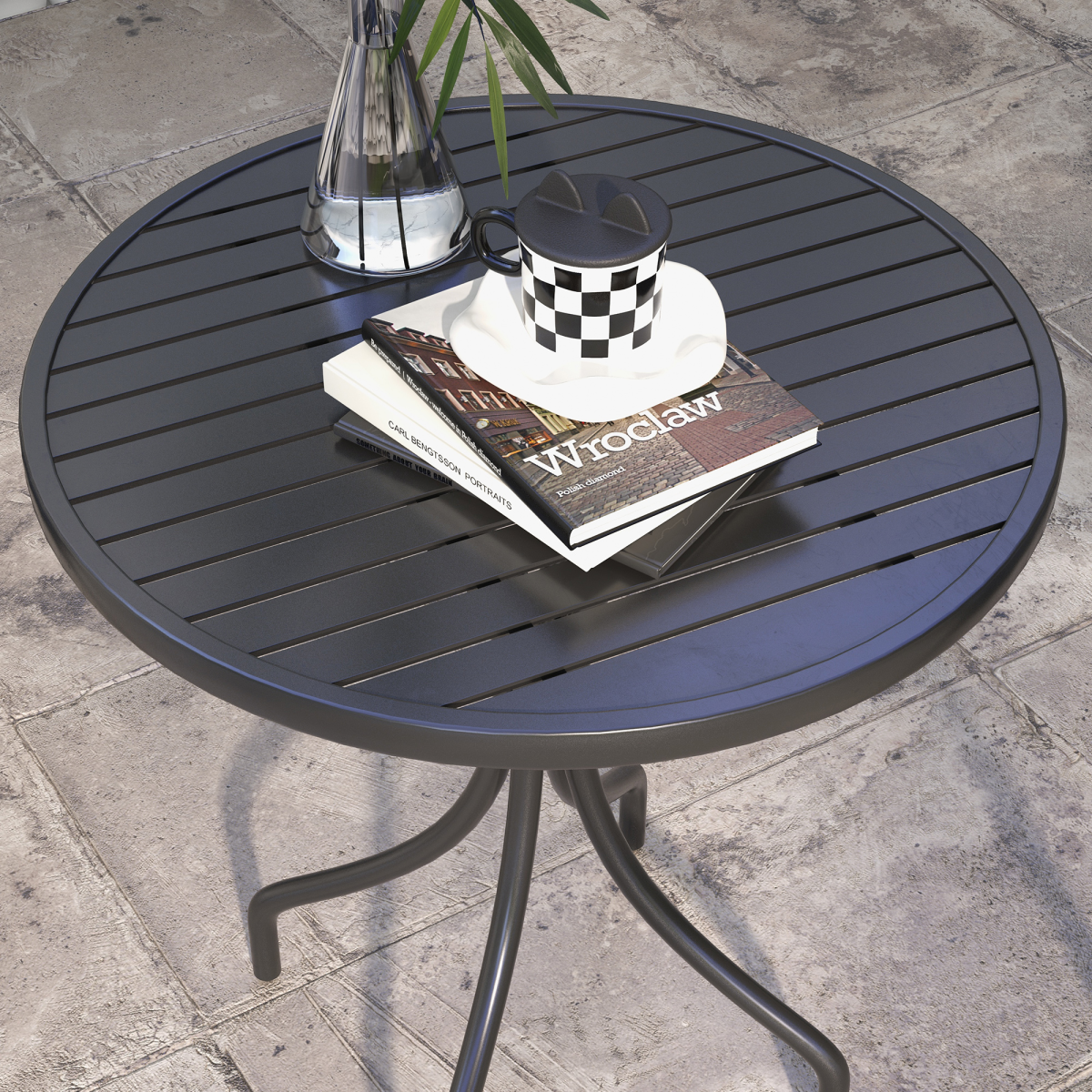 Outsunny Round Black Garden Side Table with Slatted Top, Galvanised Steel Frame, 66cm Dia.