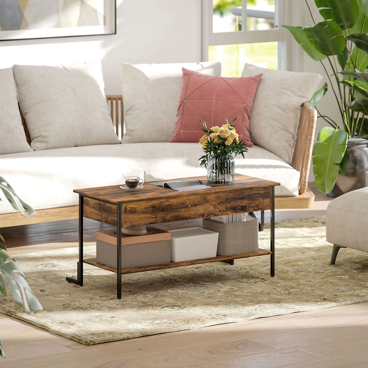HOMCOM Industrial Lift Top Coffee Table, Storage Shelf, Rustic Brown