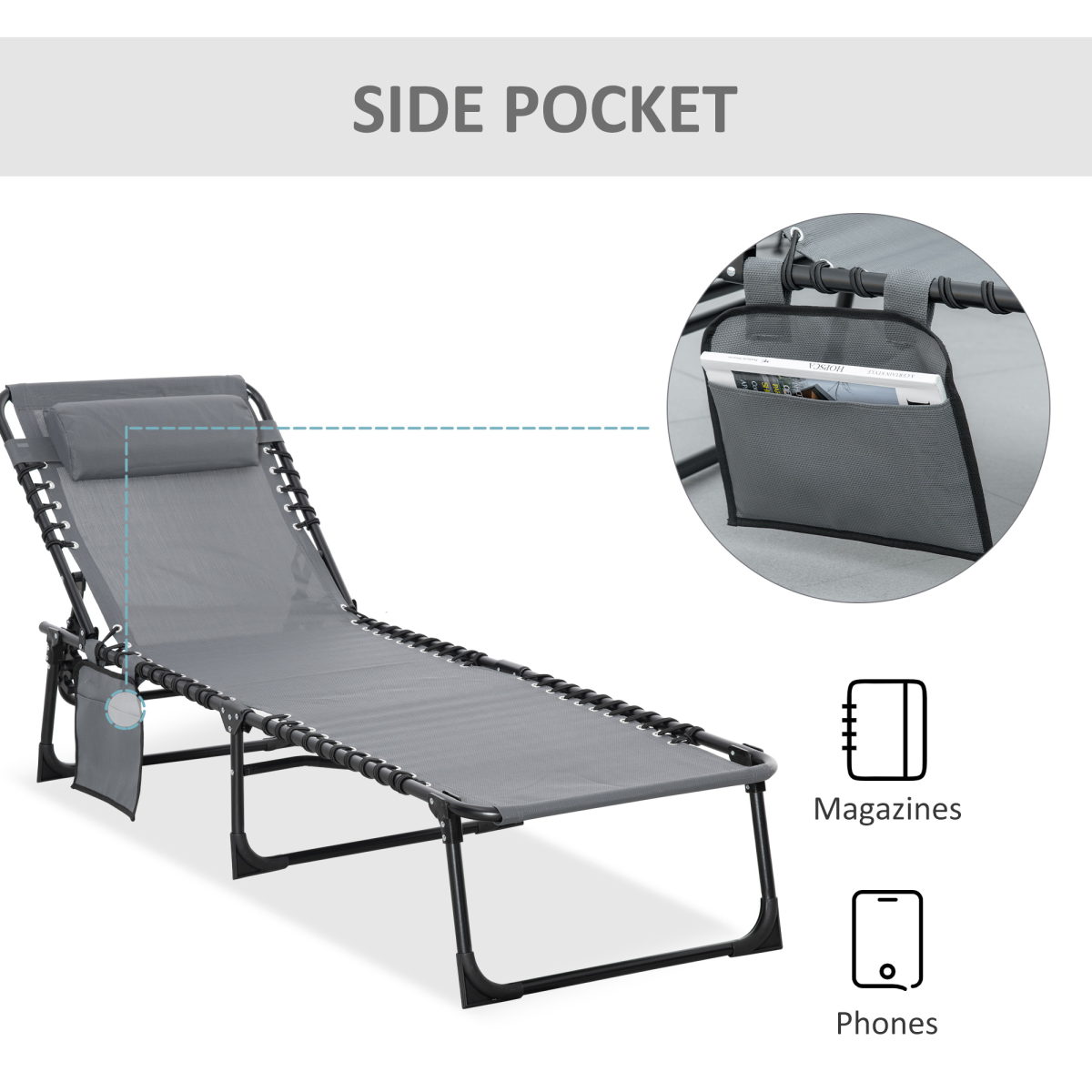 Outsunny Portable Sun Lounger Reclining Lounge Chair, 5-Position Adjustable Backrest, Removable Pillow, Side Pocket, Grey