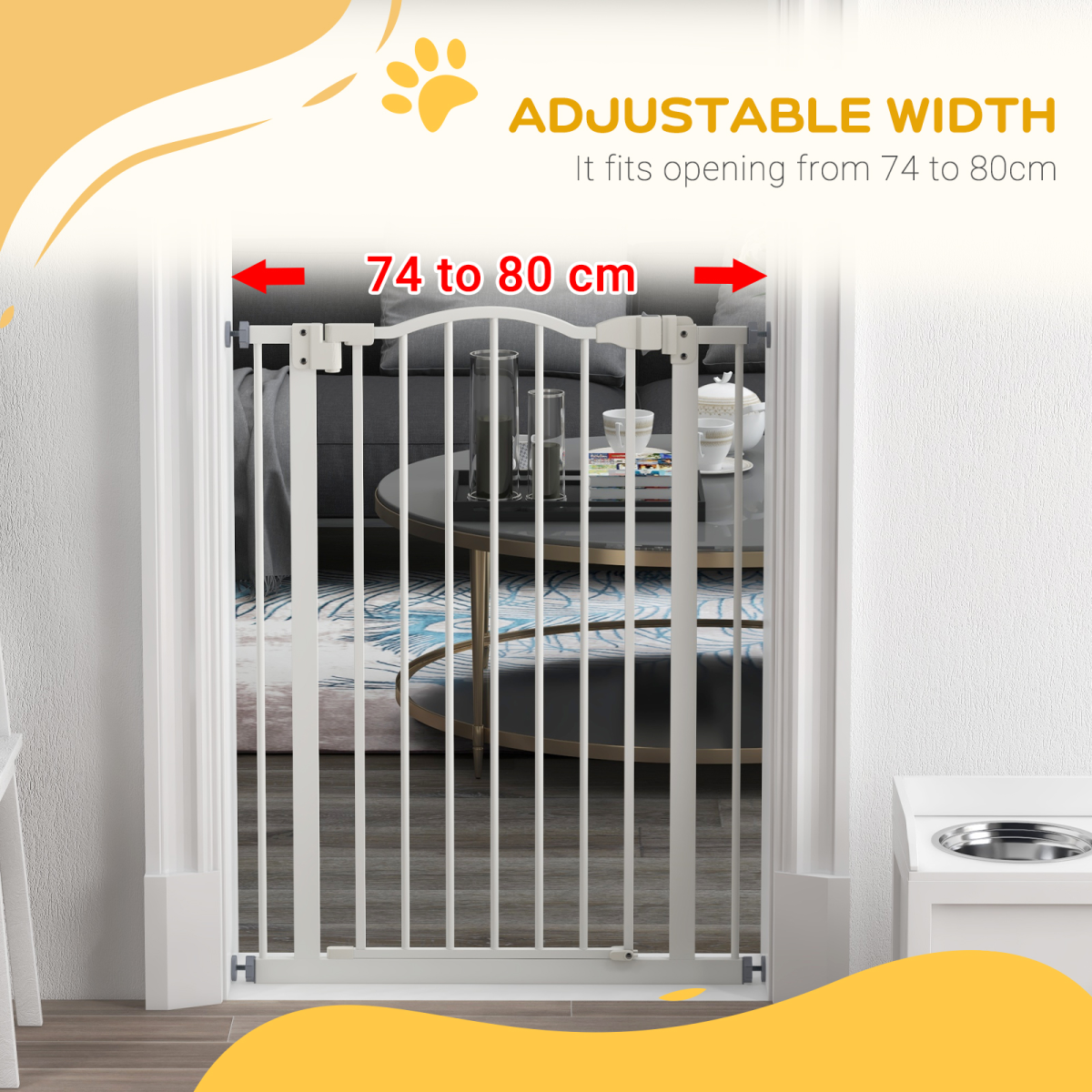 PawHut Adjustable Metal Pet Gate Safety Barrier with Auto-Close Door, 74-80cm, White