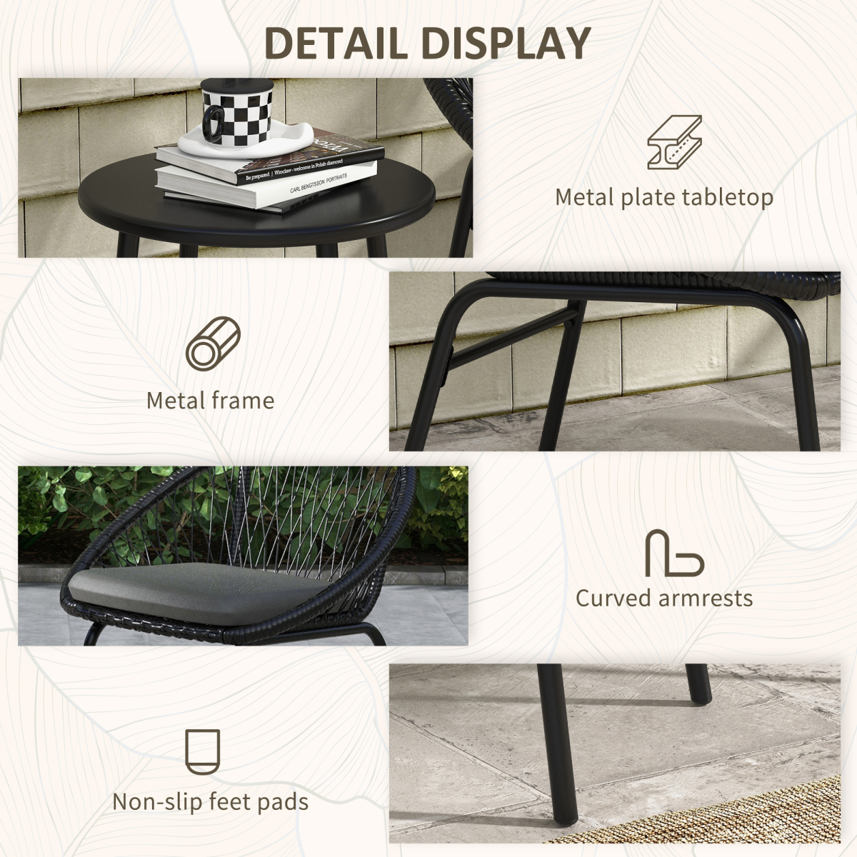 Outsunny 3 Piece Garden Bistro Set with 2 Round Wicker Chairs and Coffee Table