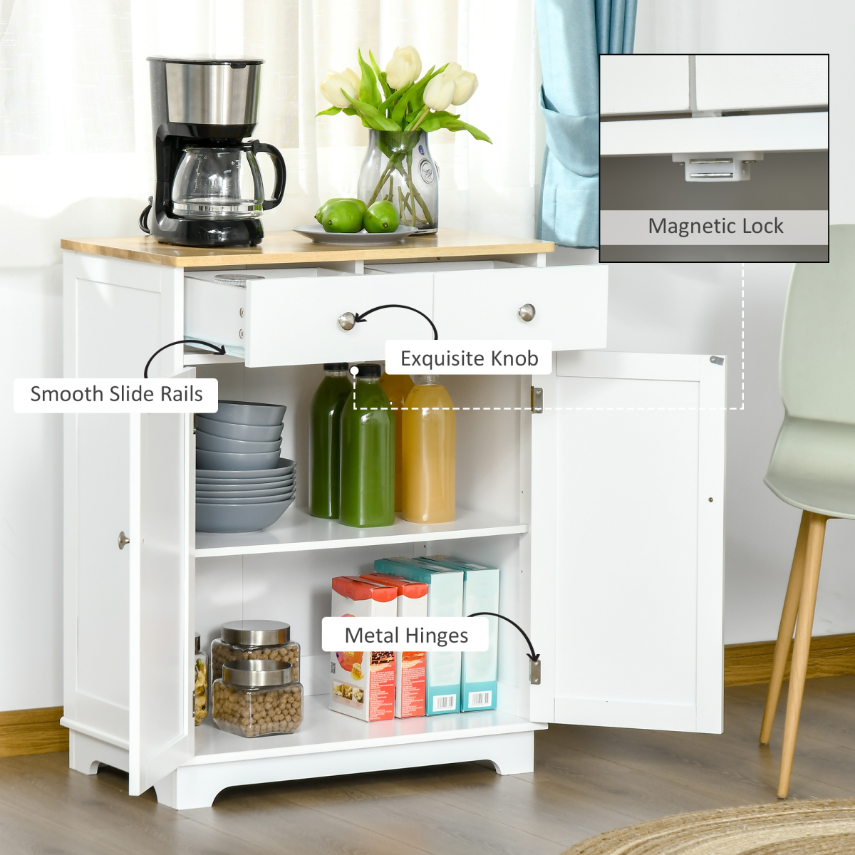 HOMCOM Kitchen Cupboard Side Cabinet Island with Adjustable Shelf, 2 Drawers, 2 Doors, MDF and Rubber Wood Top