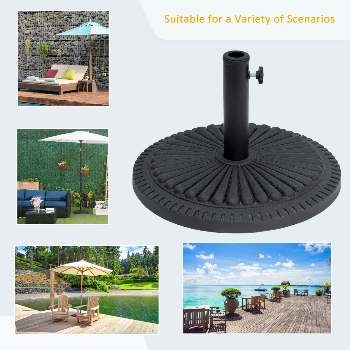 Outsunny Round Parasol Base, Black, Fits 35/38/48mm Umbrella Poles