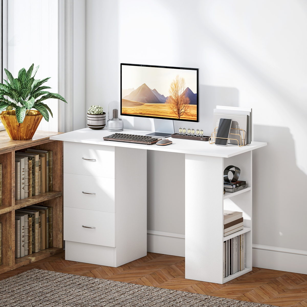 HOMCOM 120cm White Computer Desk with 3 Drawers & 3 Shelves