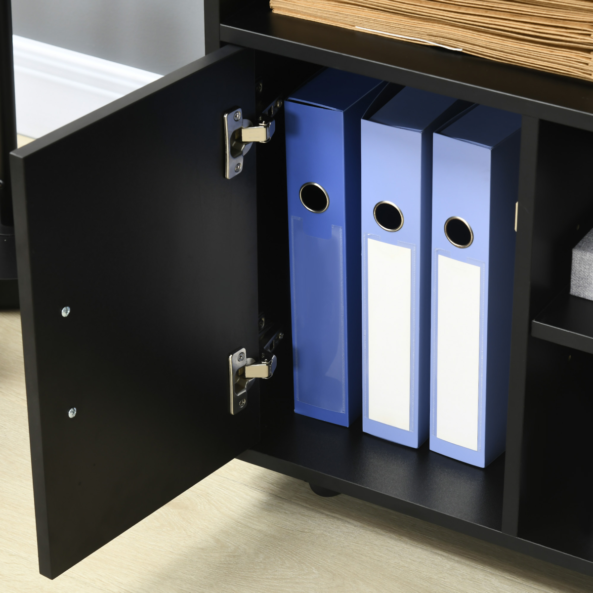 Multi-Storage Printer Unit with 5 Compartments, Adjustable Shelf, Lockable Wheels, Black