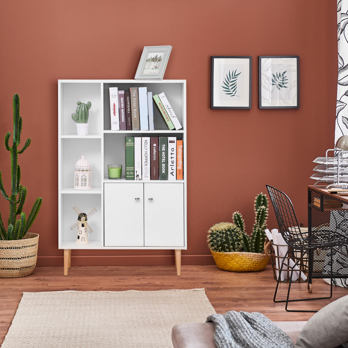 HOMCOM 5-Shelf Open Bookcase Cabinet with Bottom Cupboard, 2 Doors, 80W x 23.5D x 118H cm, White