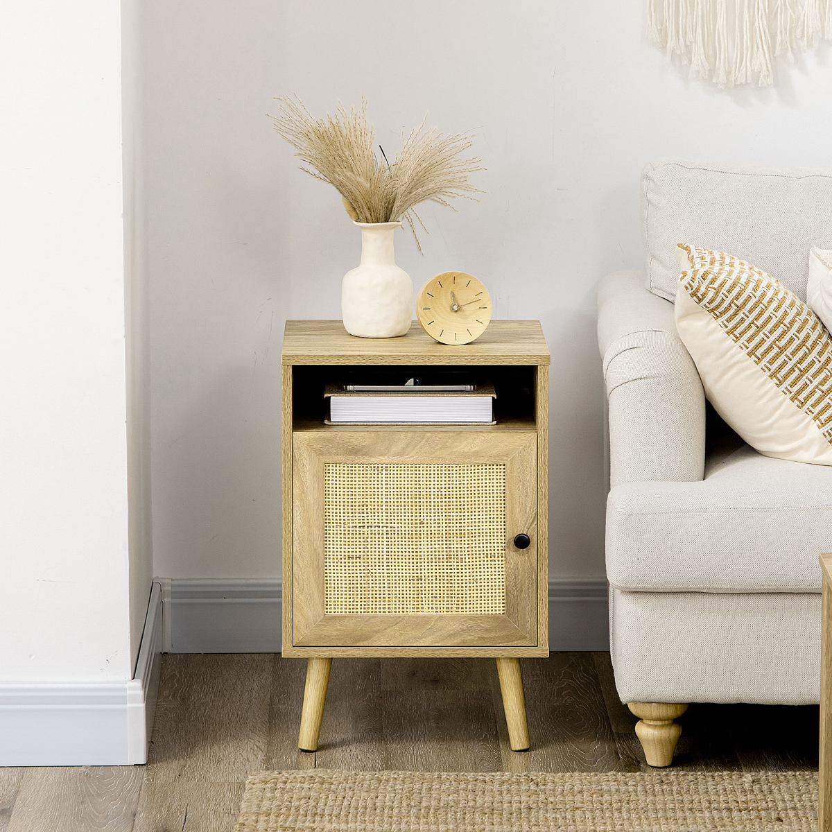 HOMCOM Rattan Nightstand with Cabinet & Shelf, Natural