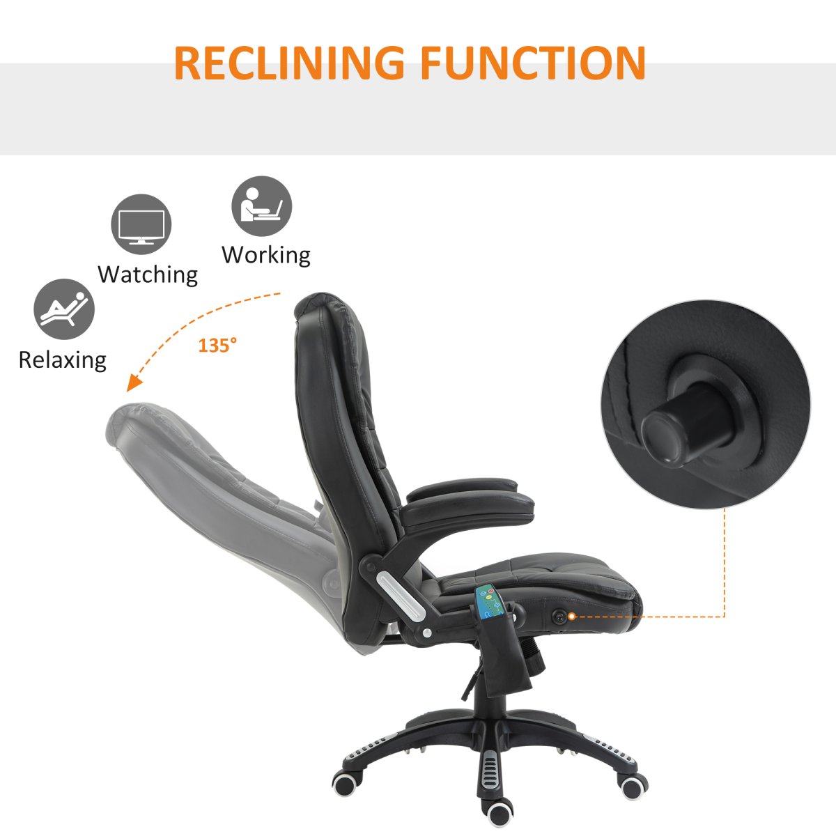 Black PU Leather Executive Reclining Office Chair with Massage & Heat