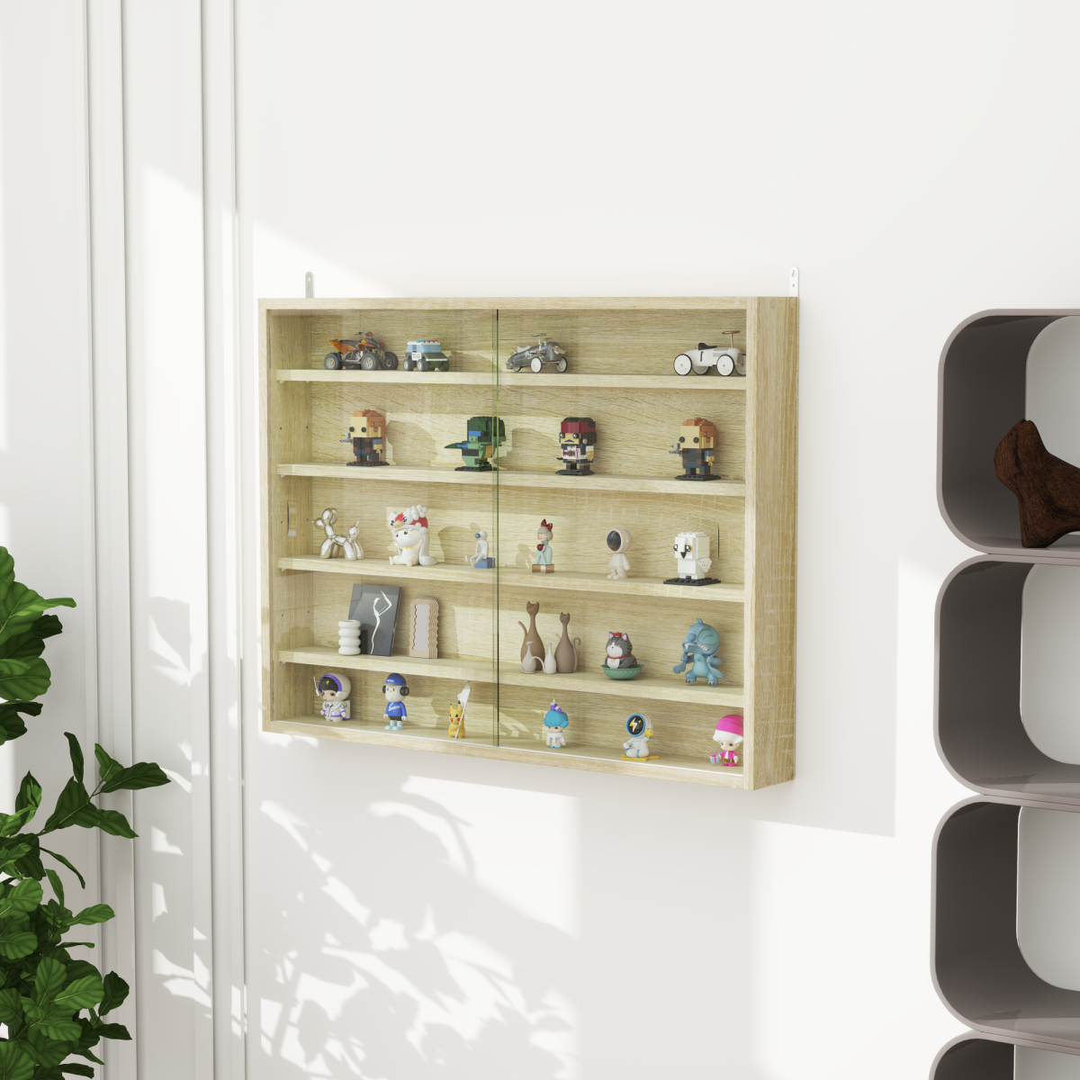 HOMCOM Oak 5-Tier Wall-Mounted Display Cabinet with Glass Doors