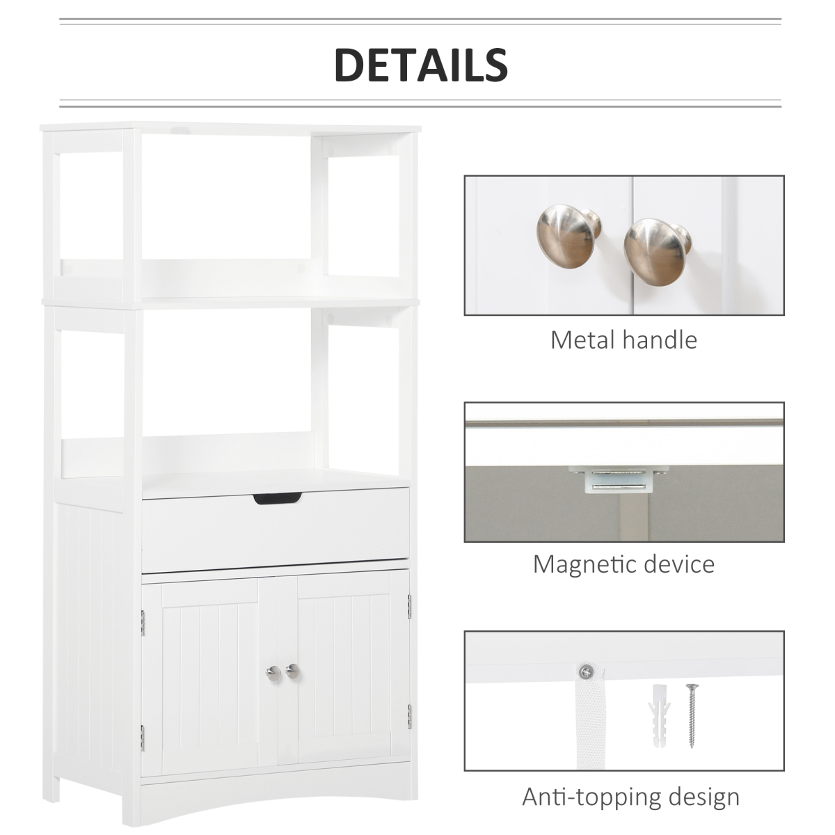 kleankin Bathroom Floor Storage Cabinet, Standing Unit with 2 Top Shelves, Drawer and Bottom Cupboard