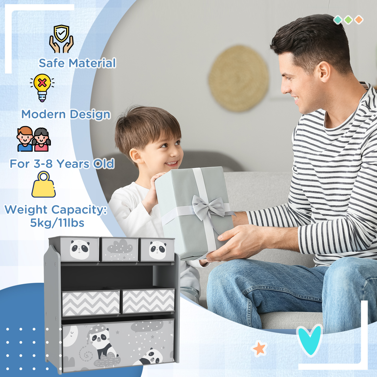 ZONEKIZ Kids Storage Unit with 6 Boxes, Grey Toy Organiser