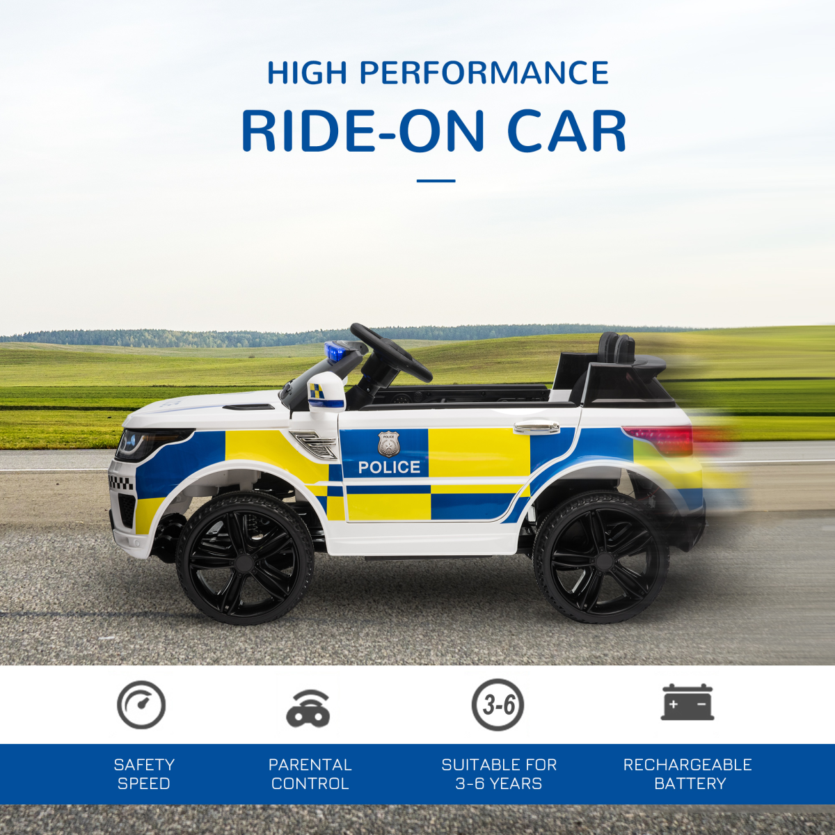 12V Kids Electric Ride On Police Car with Remote Control, Siren, Bluetooth, Lights, 3-6 Years