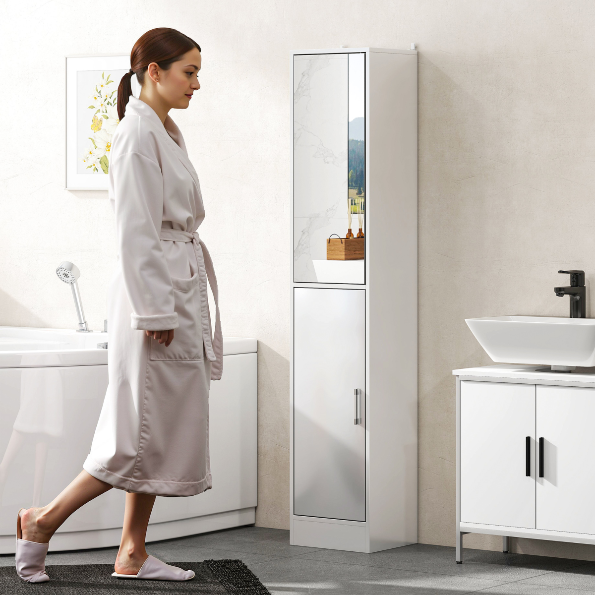 kleankin Tall Bathroom Storage Cabinet with Mirror, High Gloss White