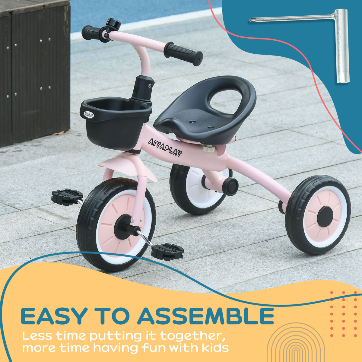 AIYAPLAY Kids Tricycle with Adjustable Seat, Basket & Bell, Pink