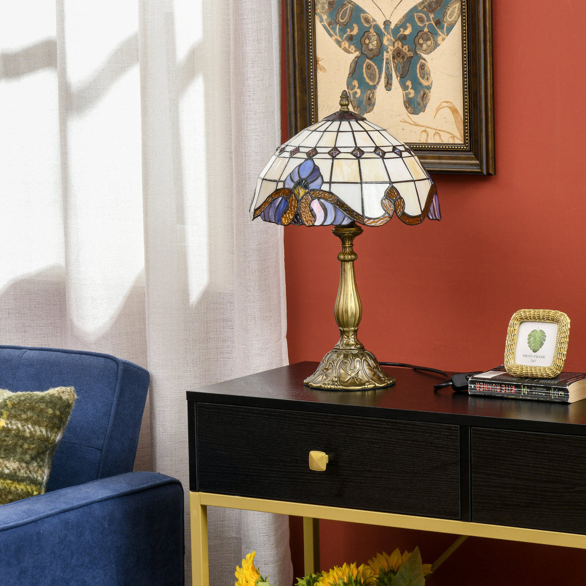 HOMCOM Stained Glass Table Lamp, Multi-Coloured, E27 Bulb Not Included