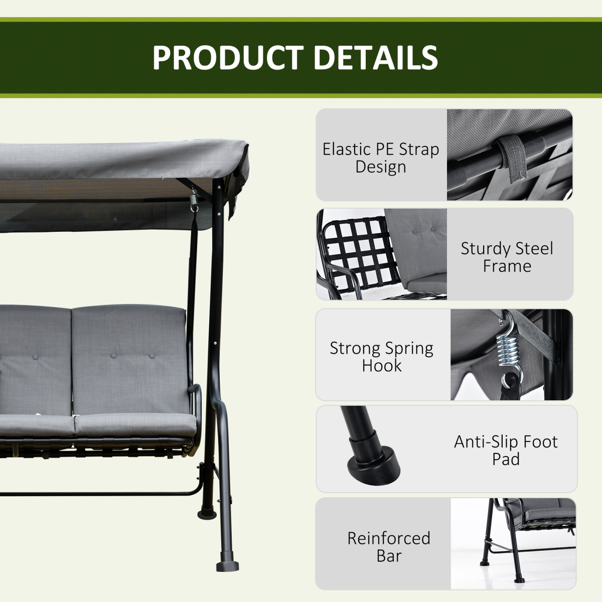 Outsunny 3 Seater Grey Garden Swing Chair with Padded Seat, Adjustable Canopy and Steel Frame